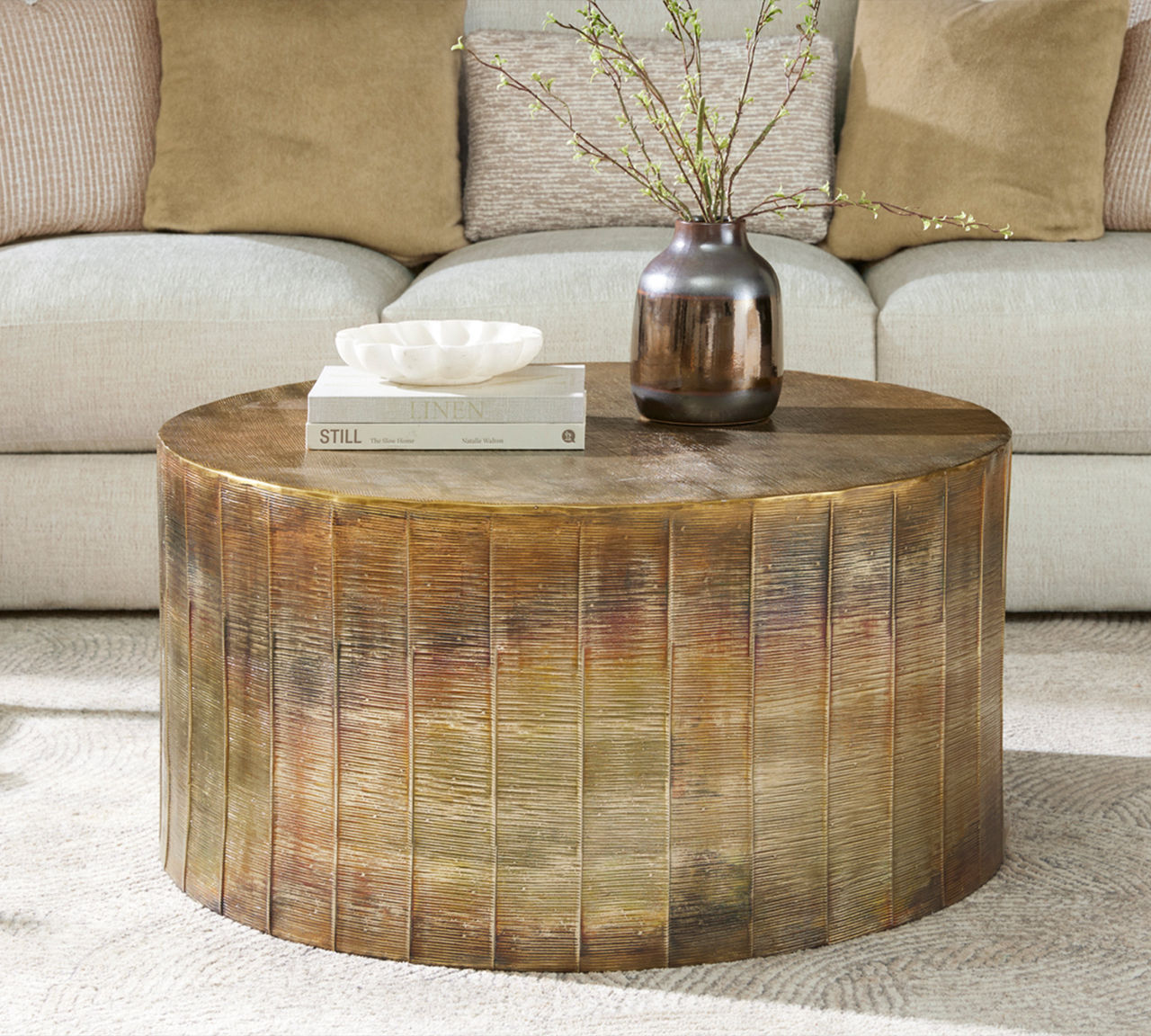 Alexandria Round Coffee Table in Antique Brass - Modern Drum Style